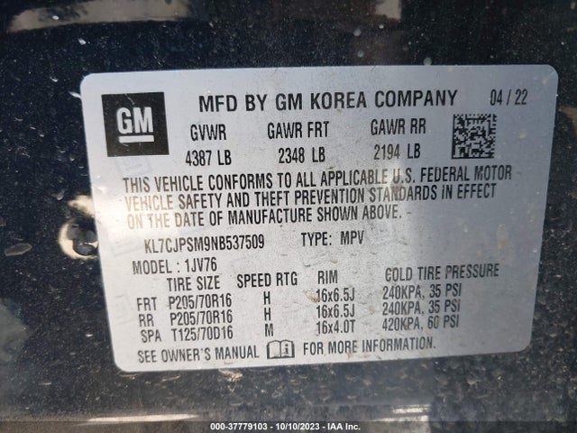 Chevrolet Trax Awd Lt 2022 KL7CJPSM9NB537509 Image 9