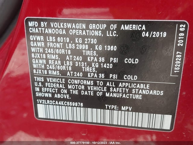 Aukcja sprzedaży 2019 Volkswagen Atlas 3.6l V6 Se, vin: 1V2LR2CA4KC559876, numer aukcji: 37779150