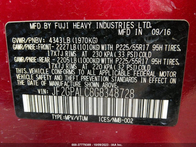 Subaru Crosstrek Limited 2016 JF2GPALC8G8348728 Image 9
