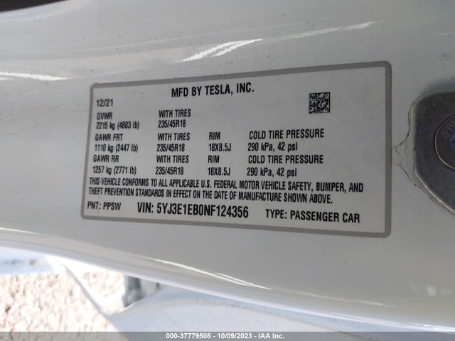5YJ3E1EB0NF124356 Tesla Model 3 Long Range