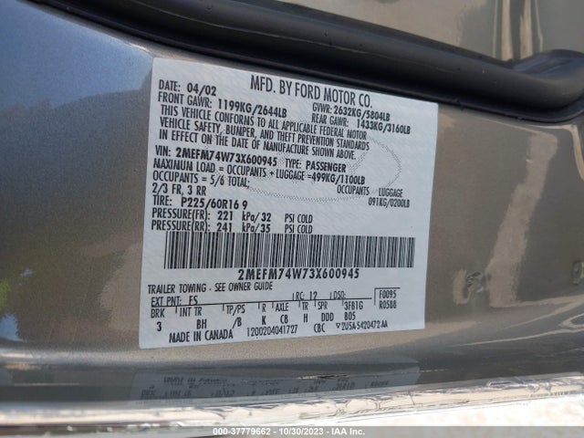 2003 MERCURY GRAND MARQUIS GS/GS CONVENIENCE VIN: 2MEFM74W73X600945
