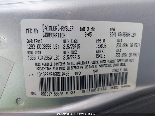 2006 DODGE GRAND CARAVAN SE VIN: 1D4GP24R46B510480