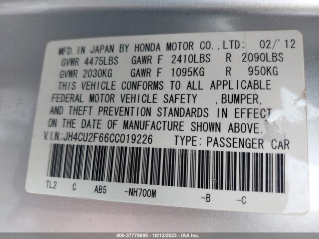 2012 ACURA TSX 2.4 VIN: JH4CU2F66CC019226