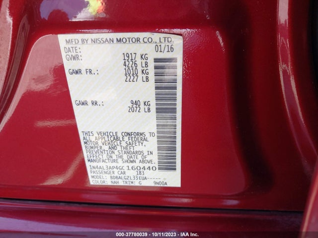 2016 NISSAN ALTIMA 2.5 VIN: 1N4AL3AP4GC160440