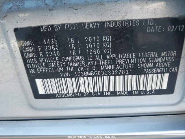 2012 SUBARU LEGACY 2.5I PREMIUM VIN: 4S3BMBG63C3027831