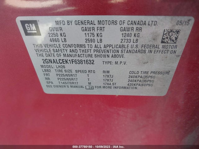 Chevrolet EQUINOX LT 2015 2GNALCEK1F6381632 Image 9