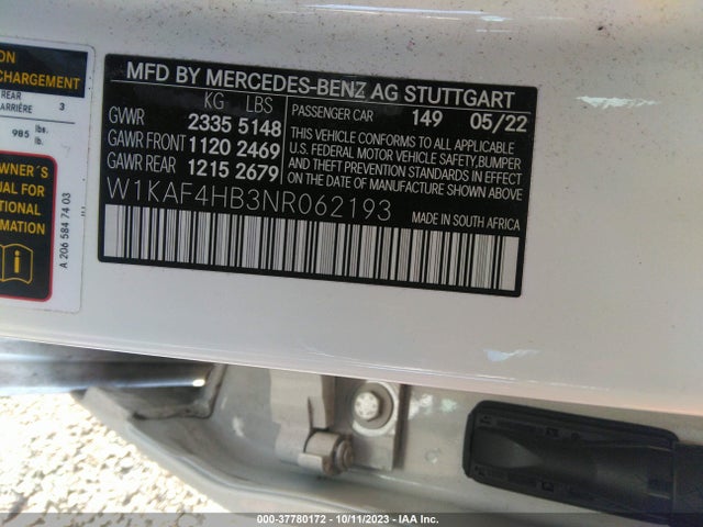 2022 MERCEDES-BENZ C 300 VIN: W1KAF4HB3NR062193