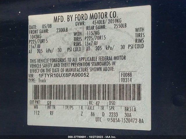 2008 FORD RANGER XL/XLT/SPORT VIN: 1FTYR10UX8PA90052