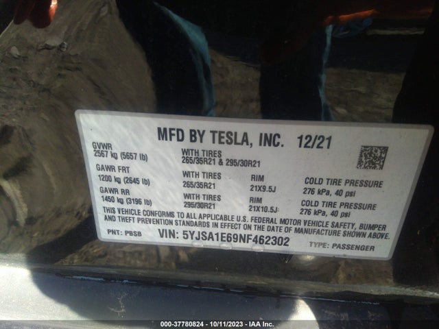 Tesla Model S Plaid 2022 5YJSA1E69NF462302 Image 9