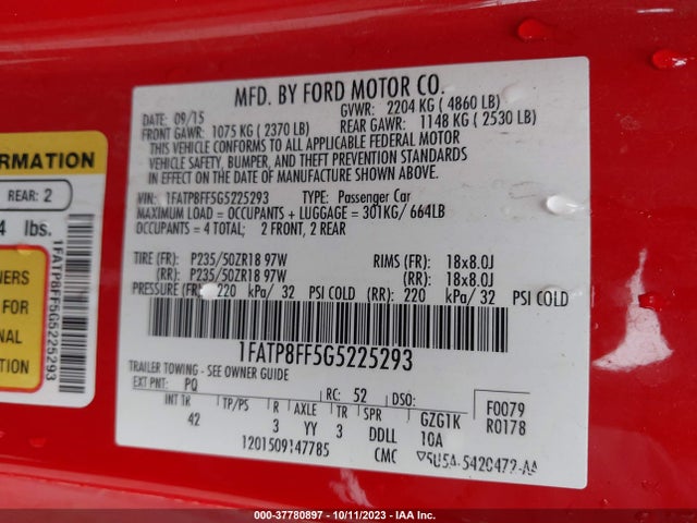 2016 FORD MUSTANG GT PREMIUM VIN: 1FATP8FF5G5225293