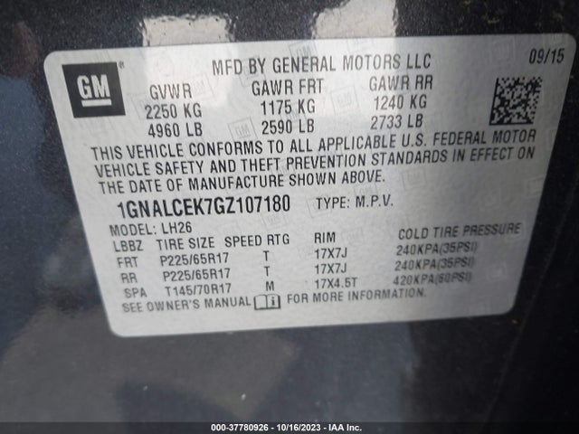 Chevrolet EQUINOX LT 2016 1GNALCEK7GZ107180 Image 9