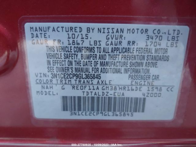 3N1CE2CP9GL365845 Nissan Versa Note S/s Plus/sv/sr/sl