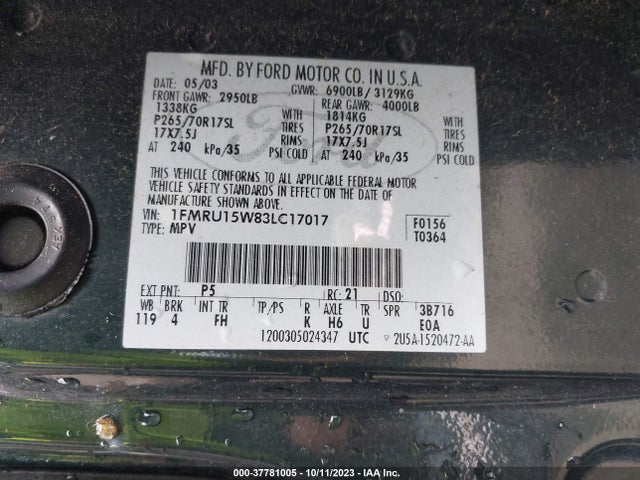2003 FORD EXPEDITION SPECIAL SERVICE VIN: 1FMRU15W83LC17017