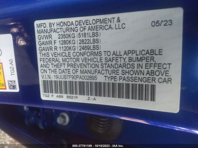 19UUB7F90PA002895 Acura Tlx Type S W/performance Tire