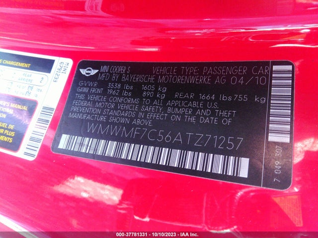 2010 MINI COOPER HARDTOP S VIN: WMWMF7C56ATZ71257