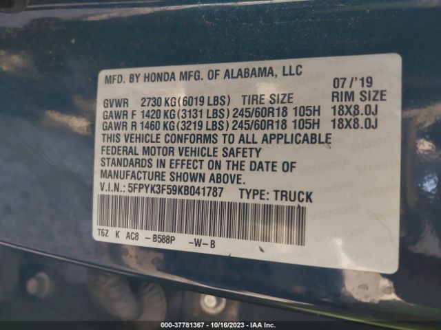 5FPYK3F59KB041787 Honda Ridgeline Rtl
