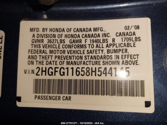 2008 HONDA CIVIC CPE 2HGFG11658H544145 Photo 8