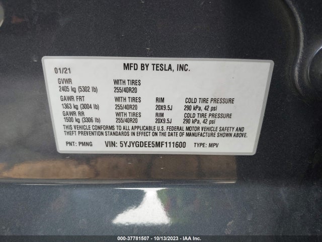 2021 TESLA MODEL Y LONG RANGE VIN: 5YJYGDEE5MF111600