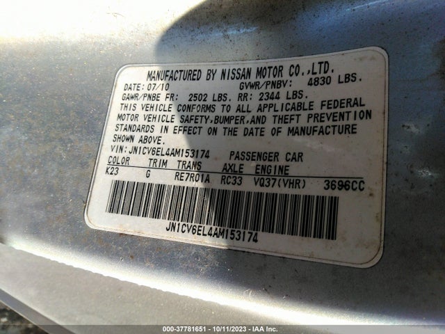 2010 INFINITI G37 COUPE X VIN: JN1CV6EL4AM153174