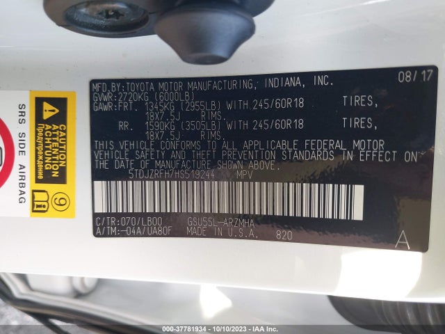 Toyota Highlander Xle/se 2017 5TDJZRFH7HS519244 Image 9