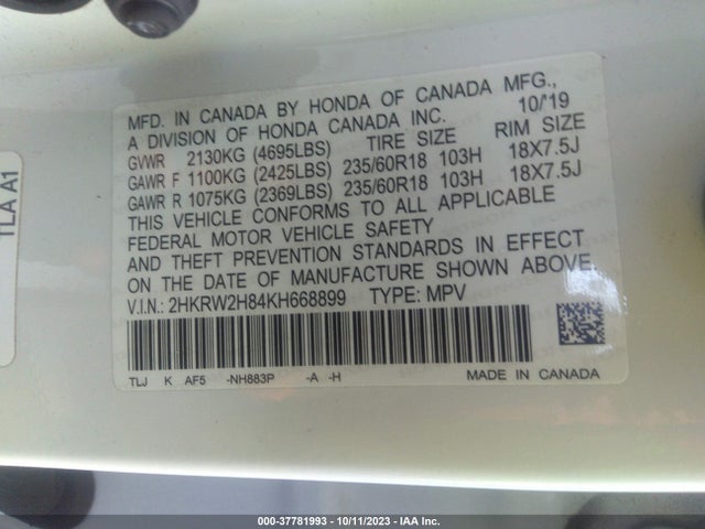 Honda Cr-v Ex-l 2019 2HKRW2H84KH668899 Image 9