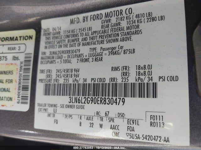 2014 LINCOLN MKZ VIN: 3LN6L2G90ER830479