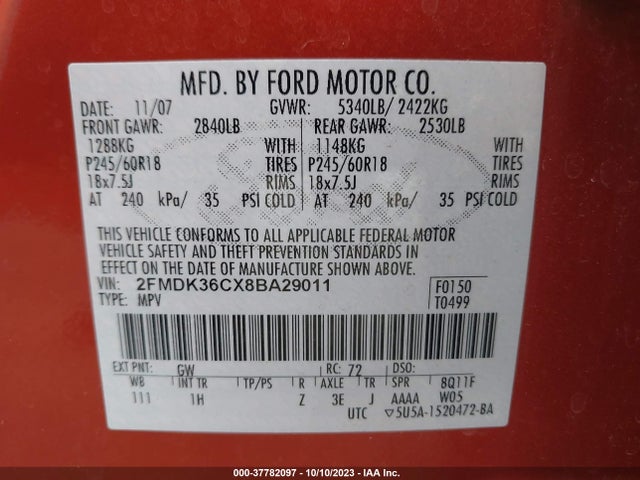 2008 FORD EDGE SE VIN: 2FMDK36CX8BA29011