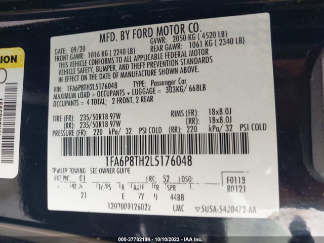 2020 FORD MUSTANG ECOBOOST VIN: 1FA6P8TH2L5176048