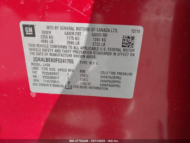 Chevrolet EQUINOX LT 2015 2GNALBEK8F6241765 Image 9