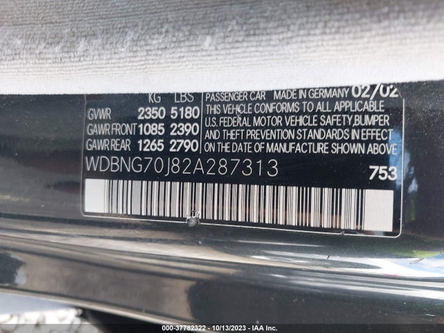 2002 MERCEDES-BENZ S-CLASS 4.3L VIN: WDBNG70J82A287313