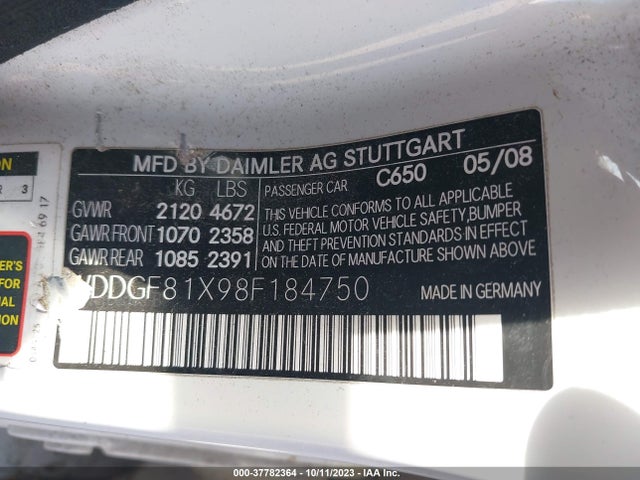 2008 MERCEDES-BENZ C-CLASS 3.0L VIN: WDDGF81X98F184750