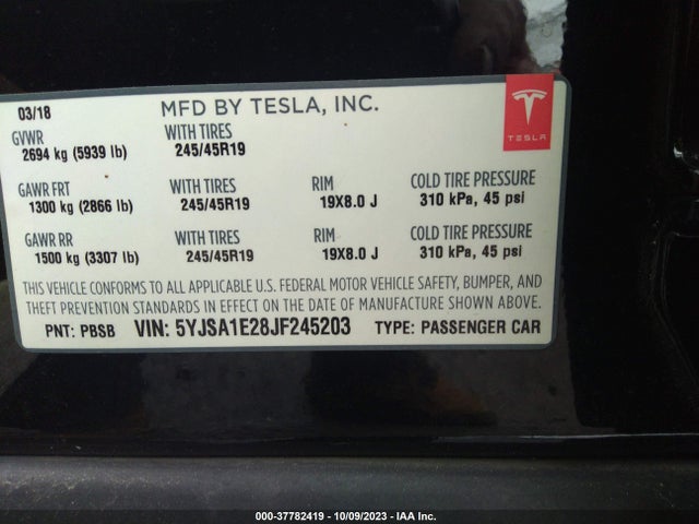 Tesla Model S 75d/100d/p100d 2018 5YJSA1E28JF245203 Image 9