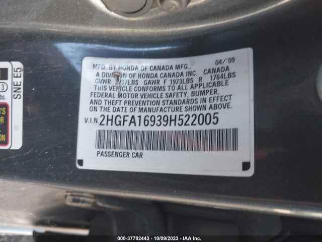 2009 HONDA CIVIC SDN EX-L VIN: 2HGFA16939H522005