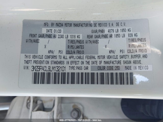 2020 MAZDA MAZDA3 SEDAN SELECT PACKAGE VIN: 3MZBPACL8LM132101