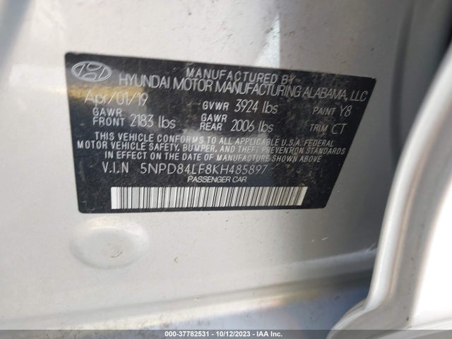 2019 HYUNDAI ELANTRA SEL VIN: 5NPD84LF8KH485897