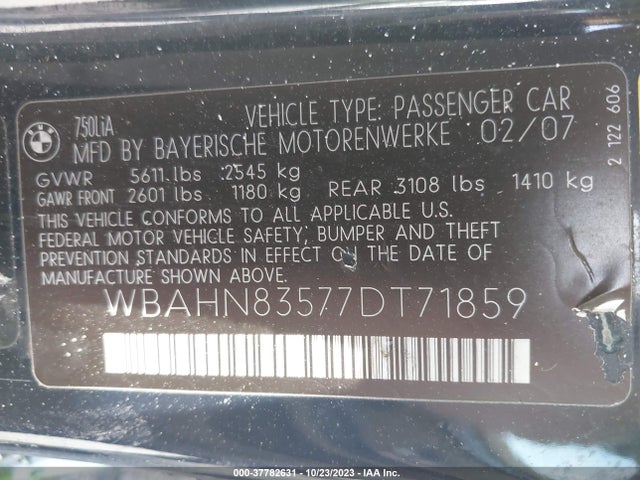 2007 BMW 7 SERIES WBAHN83577DT71859 Photo 8