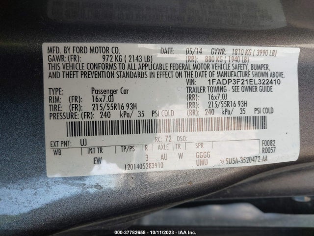 2014 FORD FOCUS SE VIN: 1FADP3F21EL322410