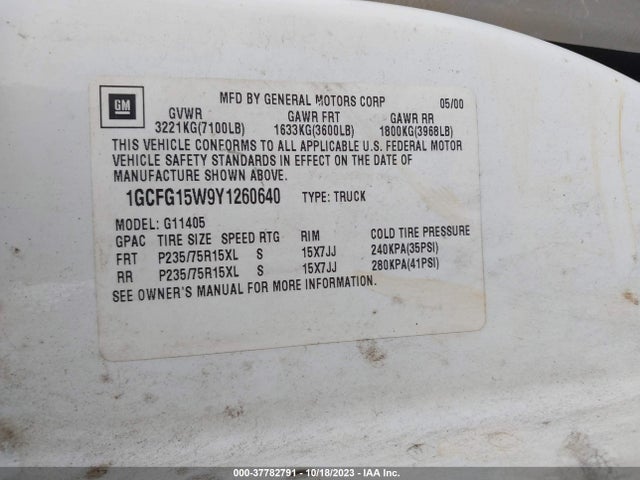 2000 CHEVROLET EXPRESS CARGO VAN VIN: 1GCFG15W9Y1260640