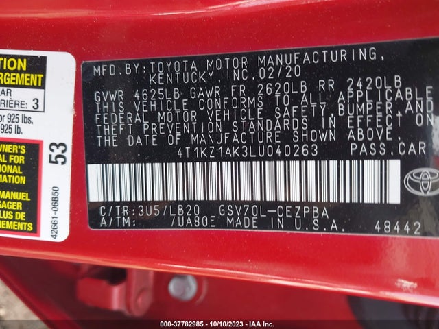 2020 TOYOTA CAMRY V6 VIN: 4T1KZ1AK3LU040263