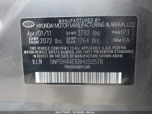 2011 HYUNDAI ELANTRA GLS VIN: 5NPDH4AE6BH050578