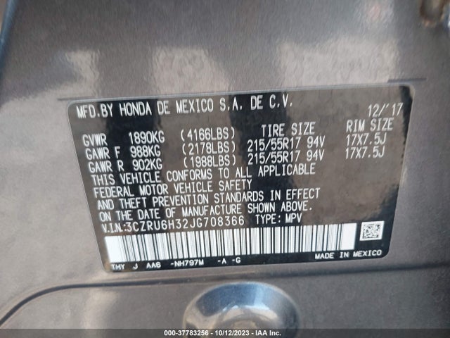 2018 HONDA HR-V LX VIN: 3CZRU6H32JG708366