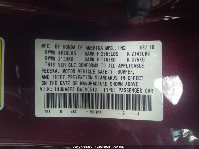 2011 ACURA TL TECH VIN: 19UUA8F51BA000510