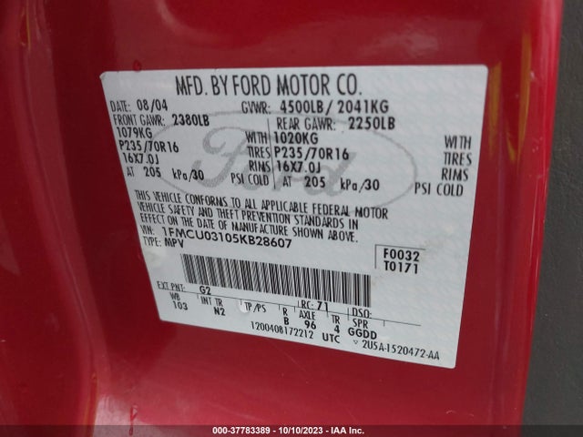 2005 FORD ESCAPE XLT VIN: 1FMCU03105KB28607