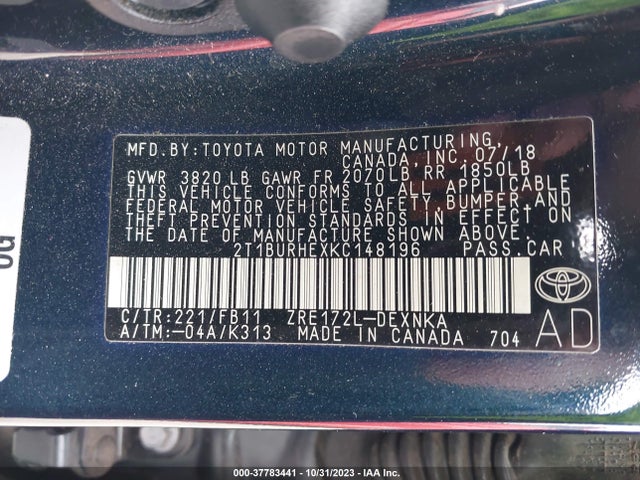 2019 TOYOTA COROLLA LE VIN: 2T1BURHEXKC148196