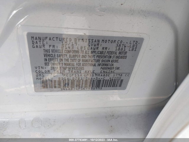 2019 NISSAN SENTRA SV VIN: 3N1AB7AP1KY435995