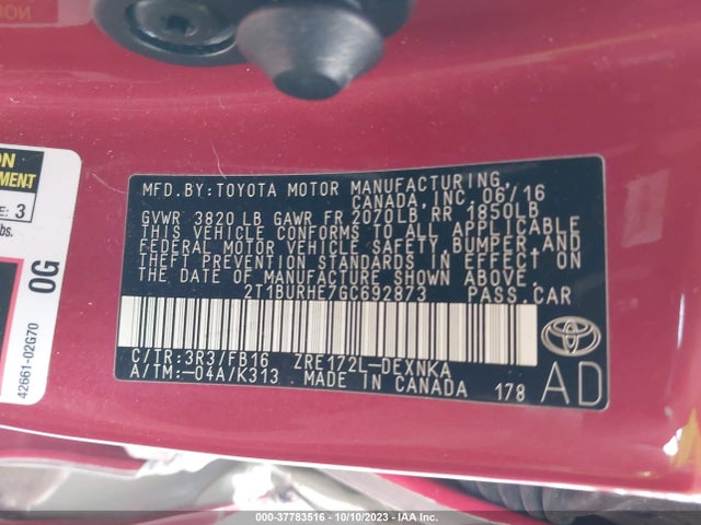 2016 TOYOTA COROLLA L/LE/S/S PLUS/LE PLUS VIN: 2T1BURHE7GC692873