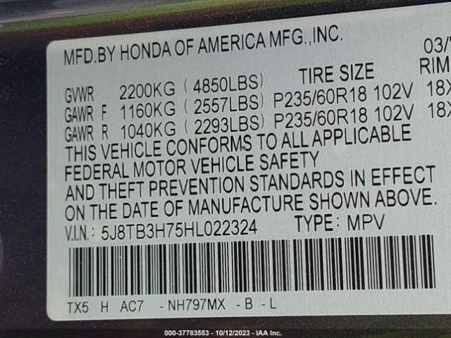 5J8TB3H75HL022324 Acura Rdx W/advance Package
