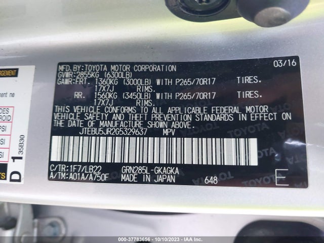 Toyota 4RUNNER SR5 2016 JTEBU5JR2G5329637 Image 9