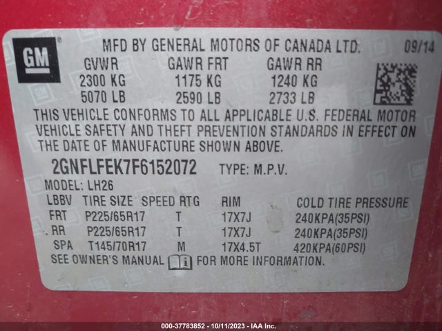 Chevrolet EQUINOX LT 2015 2GNFLFEK7F6152072 Image 9