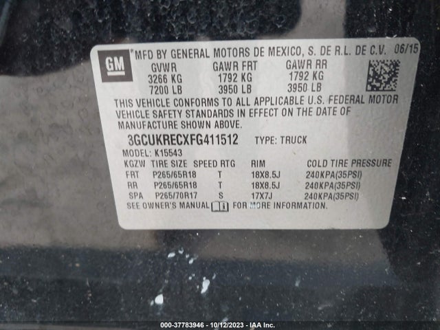 2015 CHEVROLET SILVERADO 1500 LT VIN: 3GCUKRECXFG411512